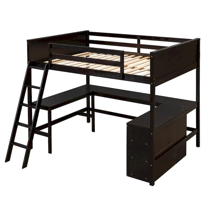 Full size Loft Bed with Shelves and Desk, Wooden Loft Bed with Desk