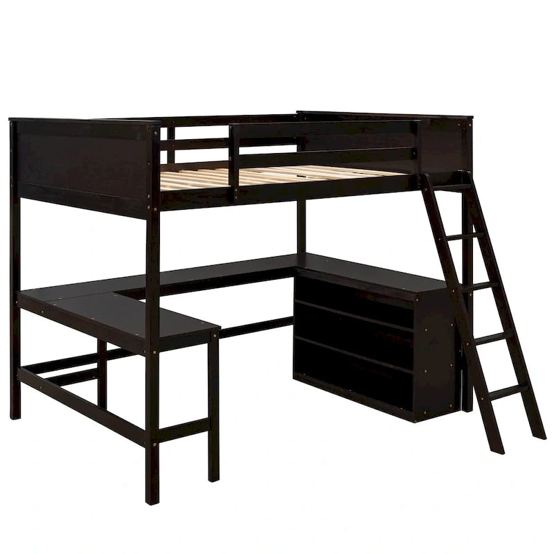 Full size Loft Bed with Shelves and Desk, Wooden Loft Bed with Desk