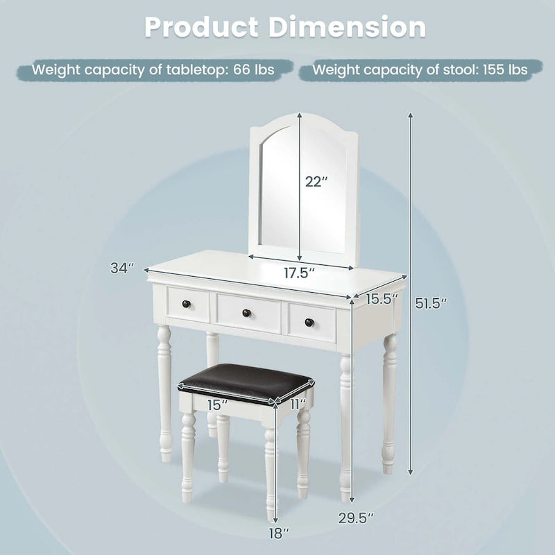 Costway Vanity Table Set Makeup Desk Cushioned Stool 3 Drawer Large - See Details