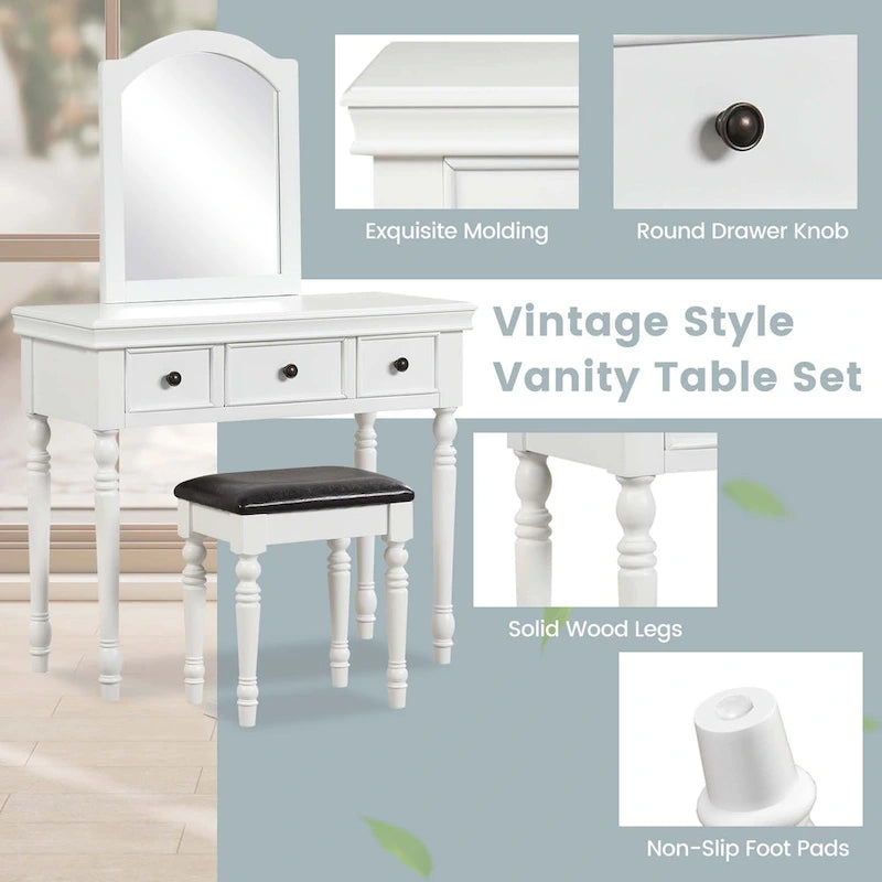 Costway Vanity Table Set Makeup Desk Cushioned Stool 3 Drawer Large - See Details