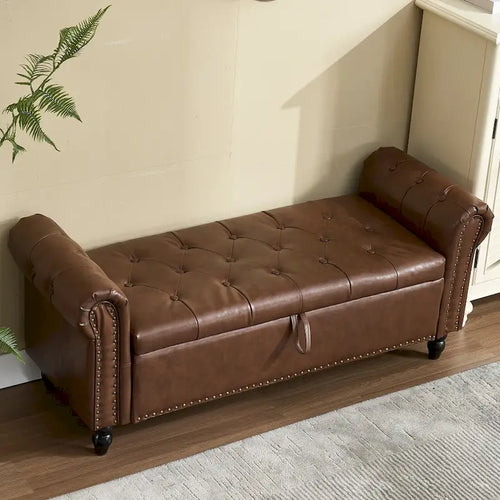 55.12 Upholstered Fabric Storage Ottoman Bench, Button Tufted Design, 275lbs Capacity for Living Room or Bedroom