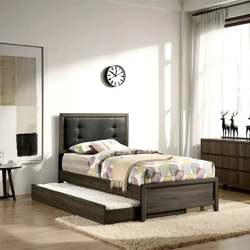 Meli Twin Size Bed, Button Tufted Upholstery, Dark Gray Solid Wood