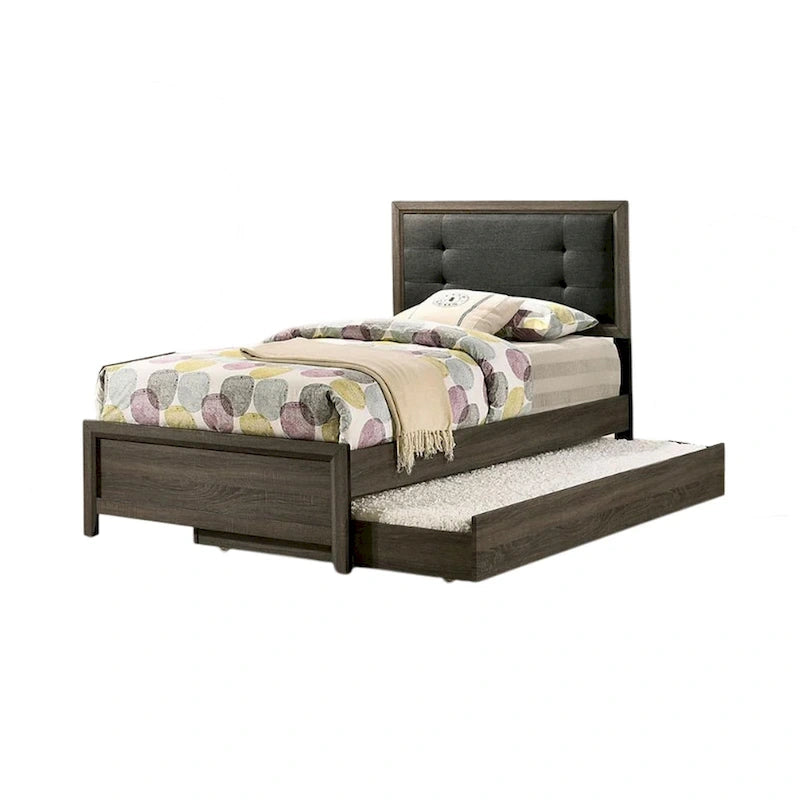 Meli Twin Size Bed, Button Tufted Upholstery, Dark Gray Solid Wood