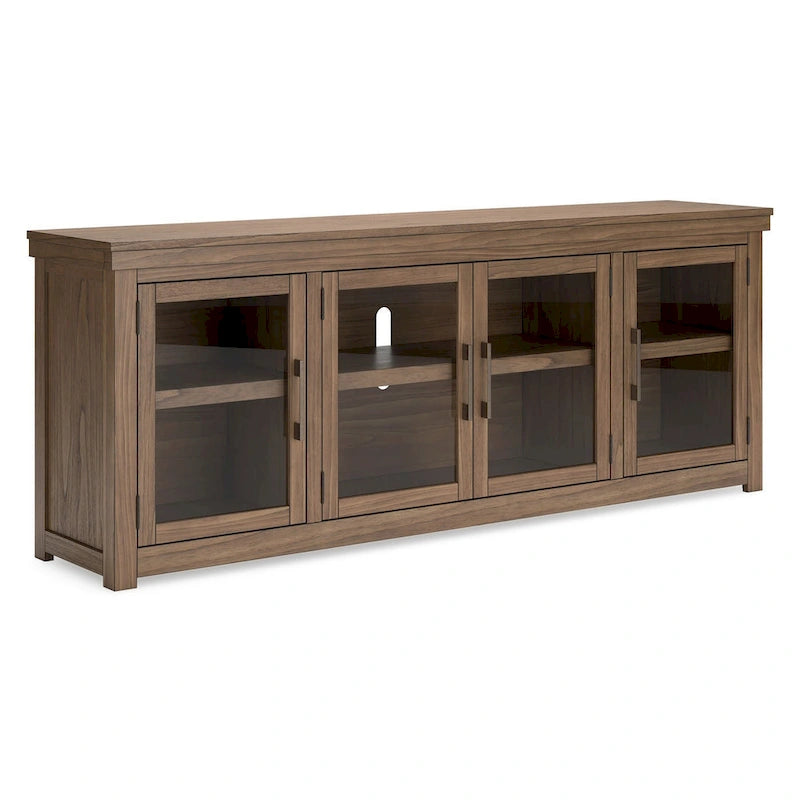Olaf TV Media Console, 4 Glass Doors, Shelves, Brown Wood 85 Inch