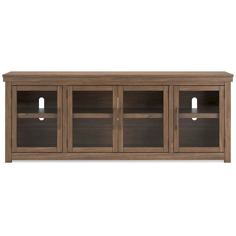Olaf TV Media Console, 4 Glass Doors, Shelves, Brown Wood 85 Inch