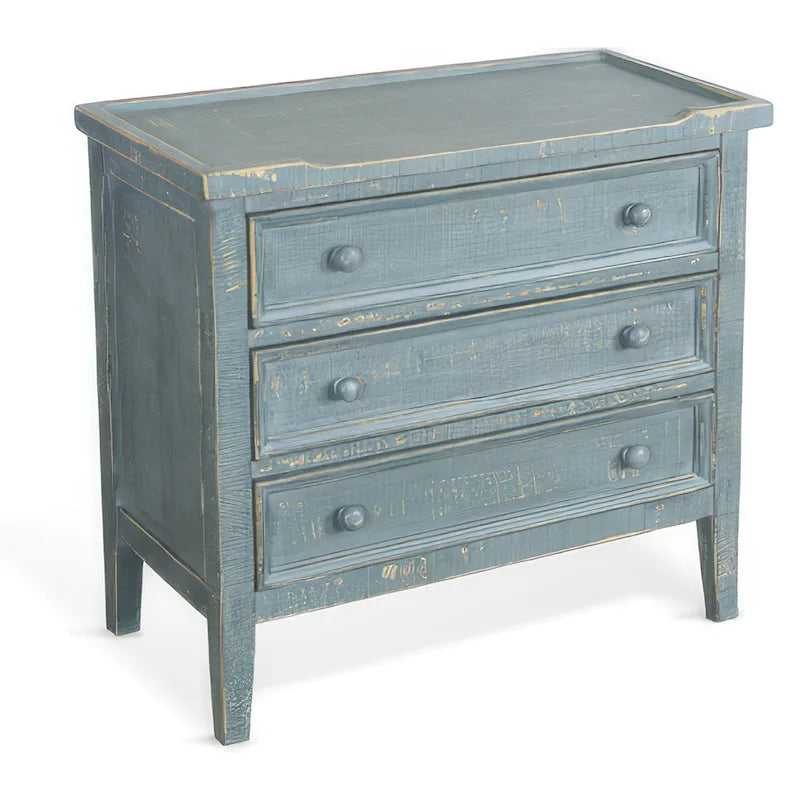 Rena Side End Table with 3 Drawers, 28 Inch Rustic Green Mahogany Wood