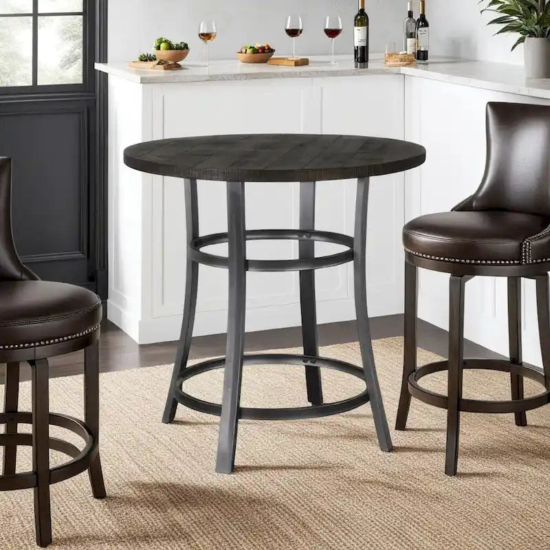 Flint Counter Height Table Round 36 Inch, Dark Brown Mahogany w Metal