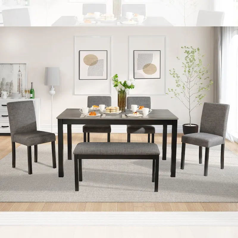 6 Piece Dining Table Set, Wooden Dining Table Set with Rectangular Dining Table, Bench and 4 Upholstered Chairs