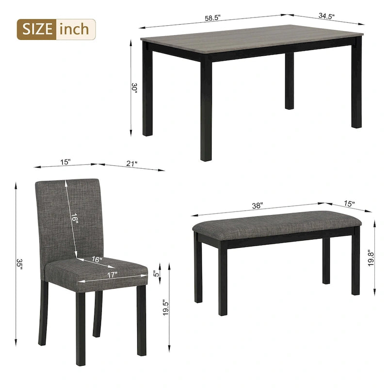 6 Piece Dining Table Set, Wooden Dining Table Set with Rectangular Dining Table, Bench and 4 Upholstered Chairs