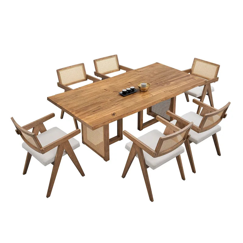7 Piece Wooden Dining Table and Chairs Set, Rattan Kitchen Table Set with Rectangular Dining Table and 6 Chairs