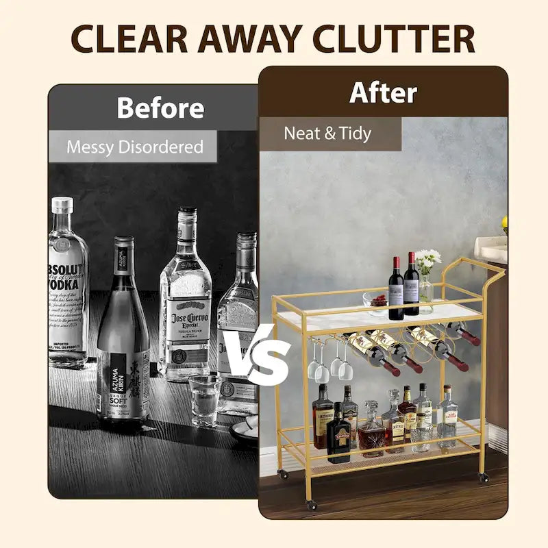 EROMMY Gold Bar Cart with Wheels, Rolling Liquor Cart with Wine Rack and Glass Holder, Modern Bar Trolley for Home Kitchen.