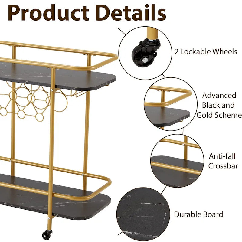 EROMMY Gold Bar Cart with Wheels, Rolling Liquor Cart with Wine Rack and Glass Holder, Modern Bar Trolley for Home Kitchen.