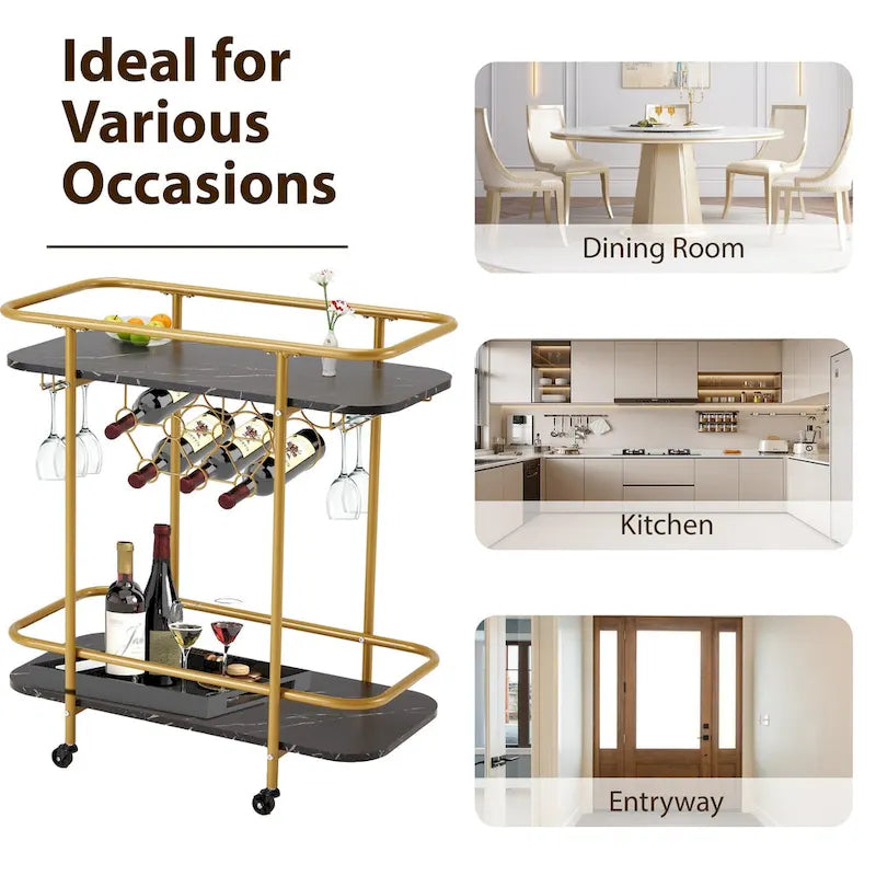 EROMMY Gold Bar Cart with Wheels, Rolling Liquor Cart with Wine Rack and Glass Holder, Modern Bar Trolley for Home Kitchen.