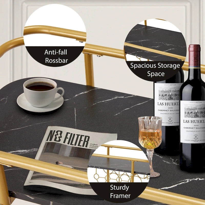EROMMY Gold Bar Cart with Wheels, Rolling Liquor Cart with Wine Rack and Glass Holder, Modern Bar Trolley for Home Kitchen.
