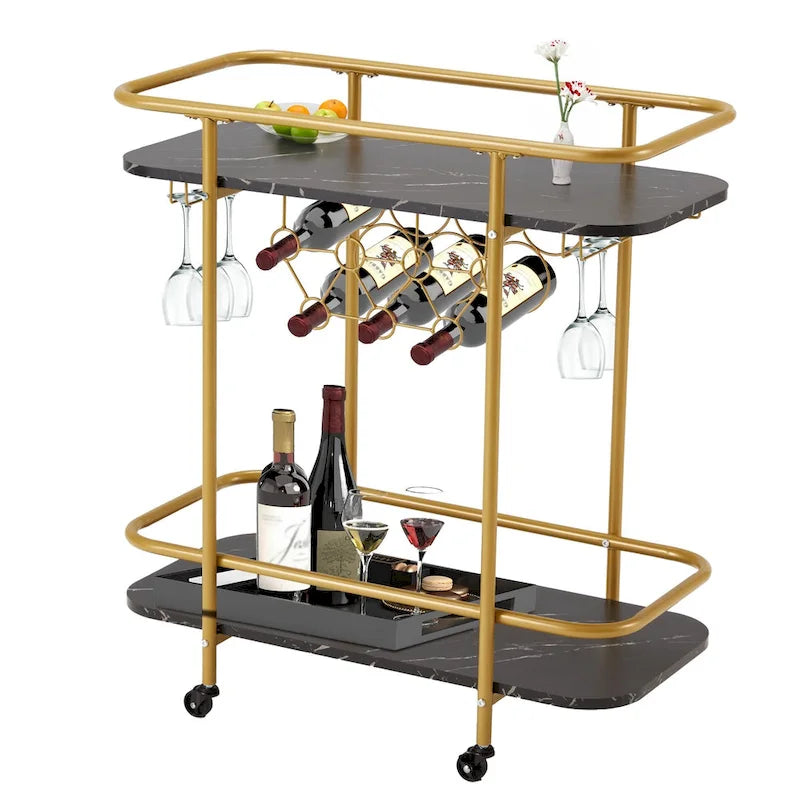 EROMMY Gold Bar Cart with Wheels, Rolling Liquor Cart with Wine Rack and Glass Holder, Modern Bar Trolley for Home Kitchen.
