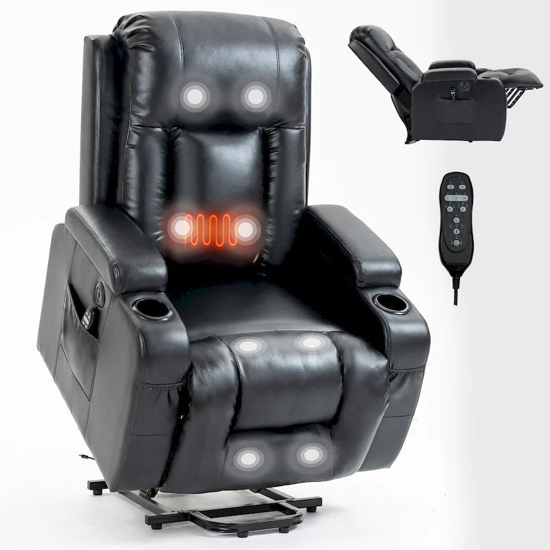 Infinite Position Power Lift Recliner with Massage and Heat, Dual USB Ports, Cup Holders, Side Pockets, Ideal for Seniors