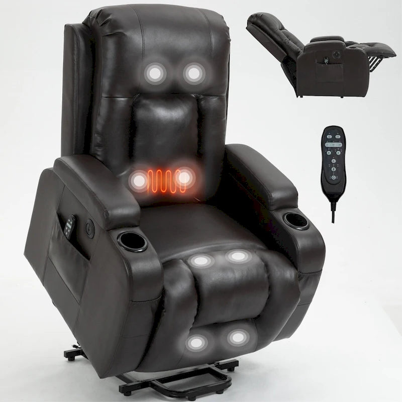 Infinite Position Power Lift Recliner with Massage and Heat, Dual USB Ports, Cup Holders, Side Pockets, Ideal for Seniors