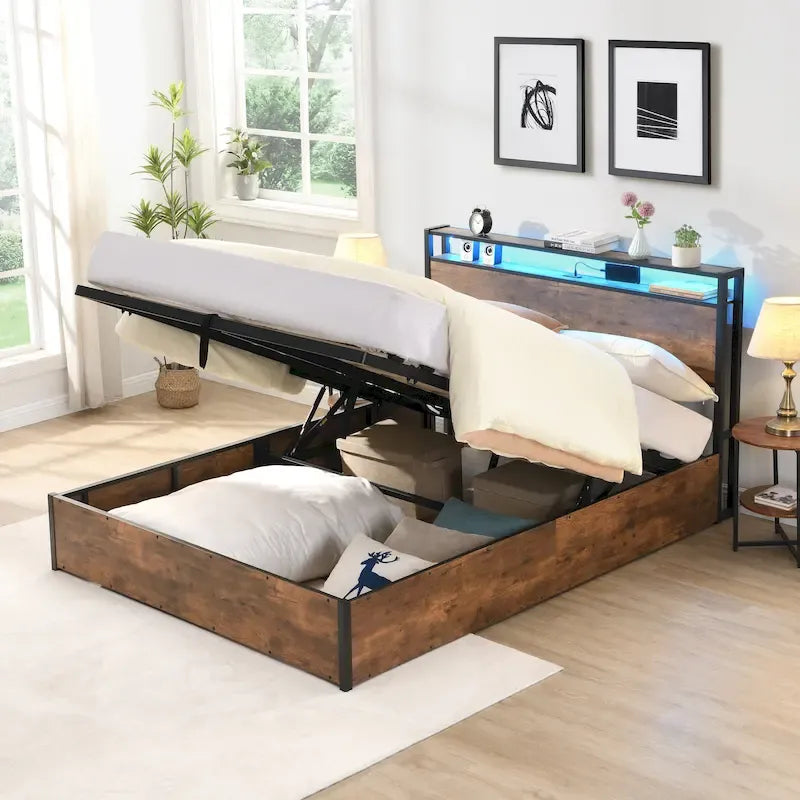 Wooden Platform Bed with Bookcase Headboard,Charging Station and LED Lights