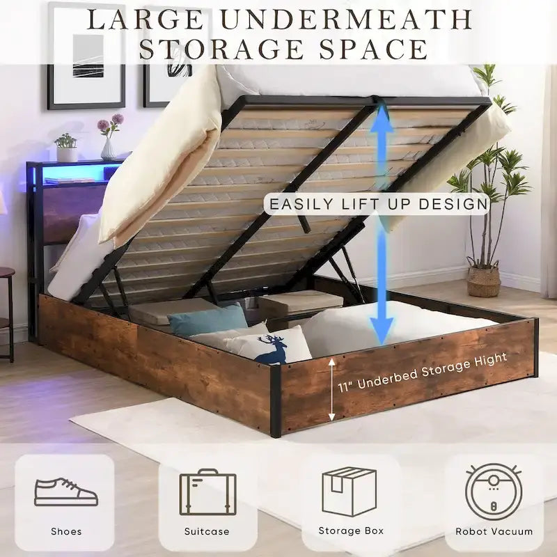 Wooden Platform Bed with Bookcase Headboard,Charging Station and LED Lights