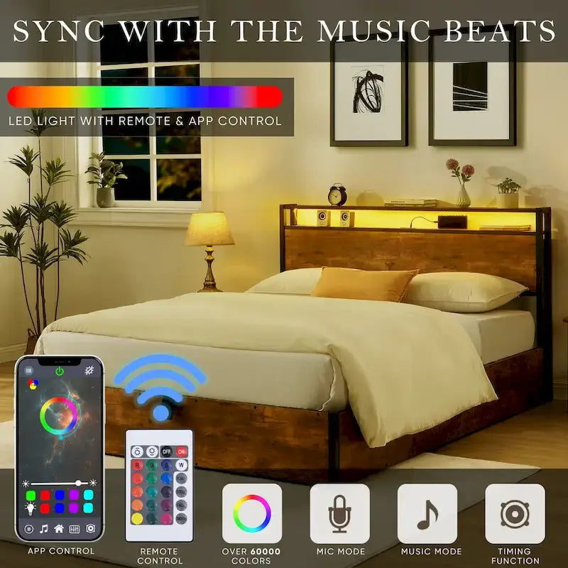 Wooden Platform Bed with Bookcase Headboard,Charging Station and LED Lights