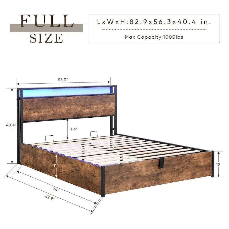 Wooden Platform Bed with Bookcase Headboard,Charging Station and LED Lights