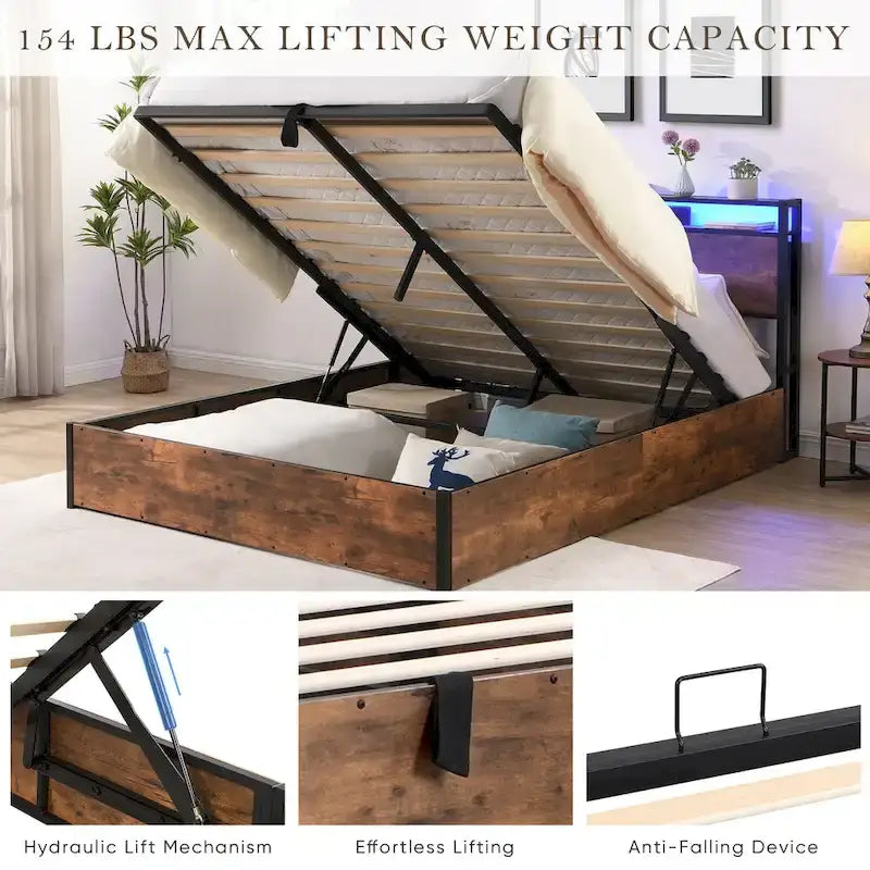Wooden Platform Bed with Bookcase Headboard,Charging Station and LED Lights