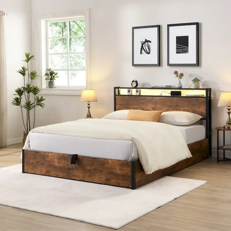 Wooden Platform Bed with Bookcase Headboard,Charging Station and LED Lights