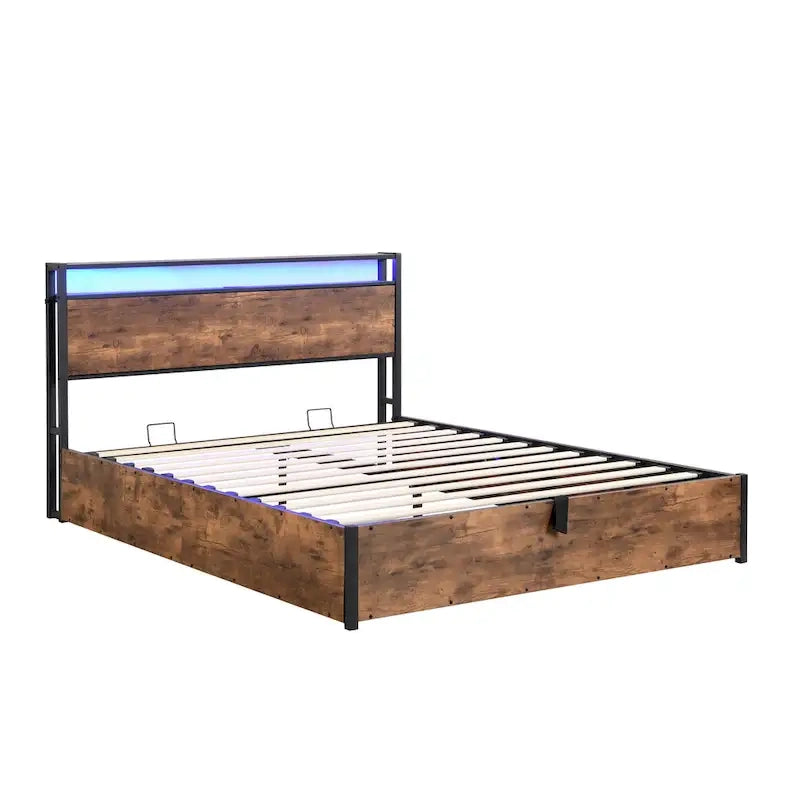 Wooden Platform Bed with Bookcase Headboard,Charging Station and LED Lights