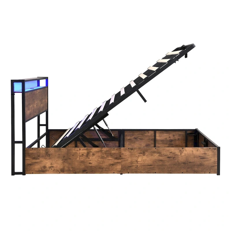 Wooden Platform Bed with Bookcase Headboard,Charging Station and LED Lights