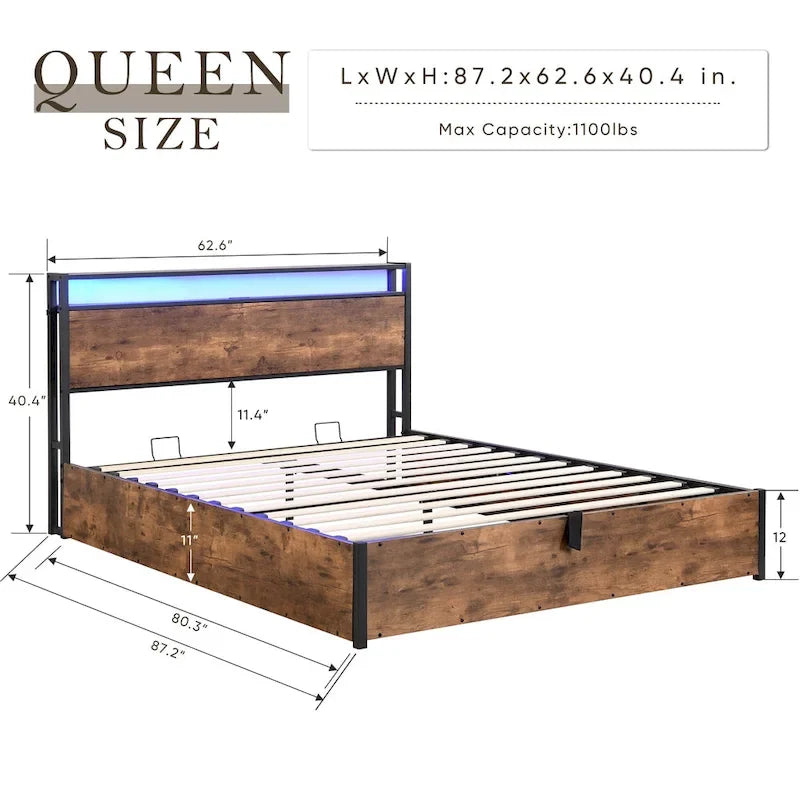 Wooden Platform Bed with Bookcase Headboard,Charging Station and LED Lights