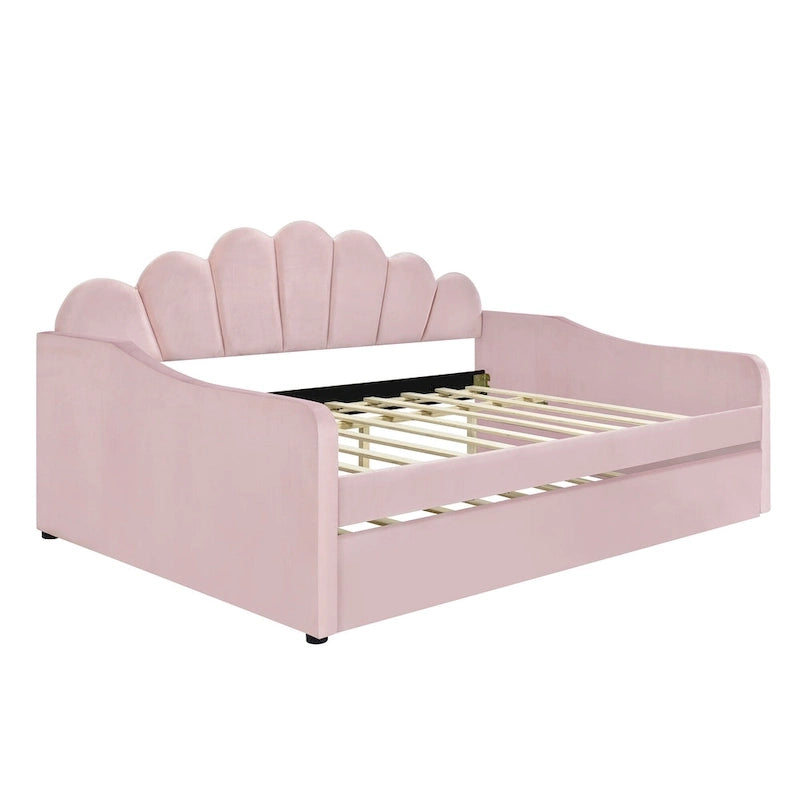 Full Size Upholstered Daybed with Shell Backrest and Trundle