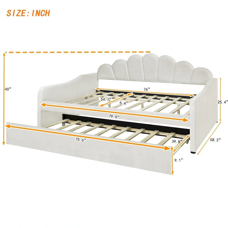 Full Size Upholstered Daybed with Shell Backrest and Trundle