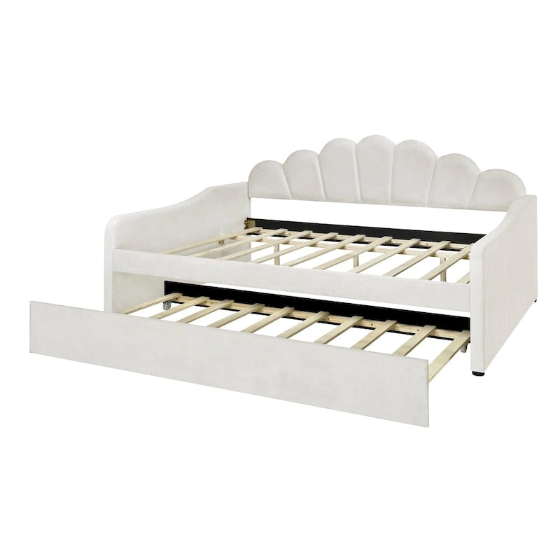 Full Size Upholstered Daybed with Shell Backrest and Trundle