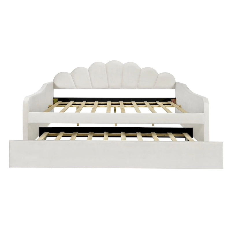 Full Size Upholstered Daybed with Shell Backrest and Trundle
