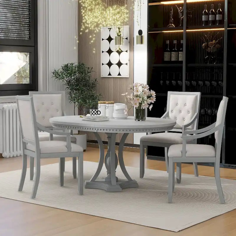 Antique Gray Retro 5-Piece Wooden Dining Table Set with Extendable Round Table & 4 Chairs