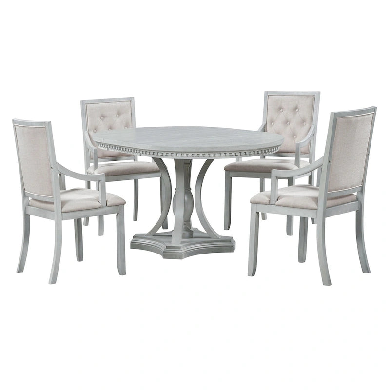 Antique Gray Retro 5-Piece Wooden Dining Table Set with Extendable Round Table & 4 Chairs