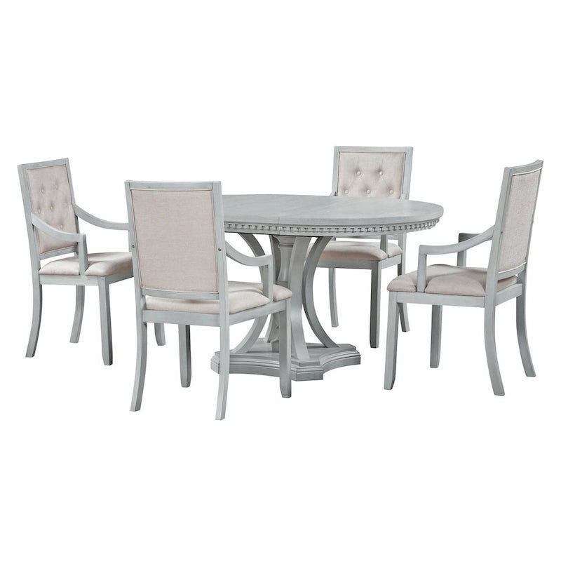 Antique Gray Retro 5-Piece Wooden Dining Table Set with Extendable Round Table & 4 Chairs