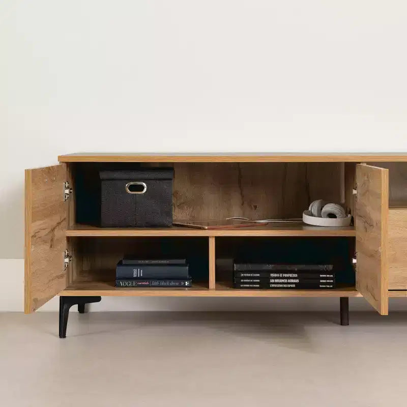 Meuble TV pour téléviseurs jusqu'à 60 po avec portes et tiroir chêne nordique : Style urbain, gestion des câbles, espace de rangement