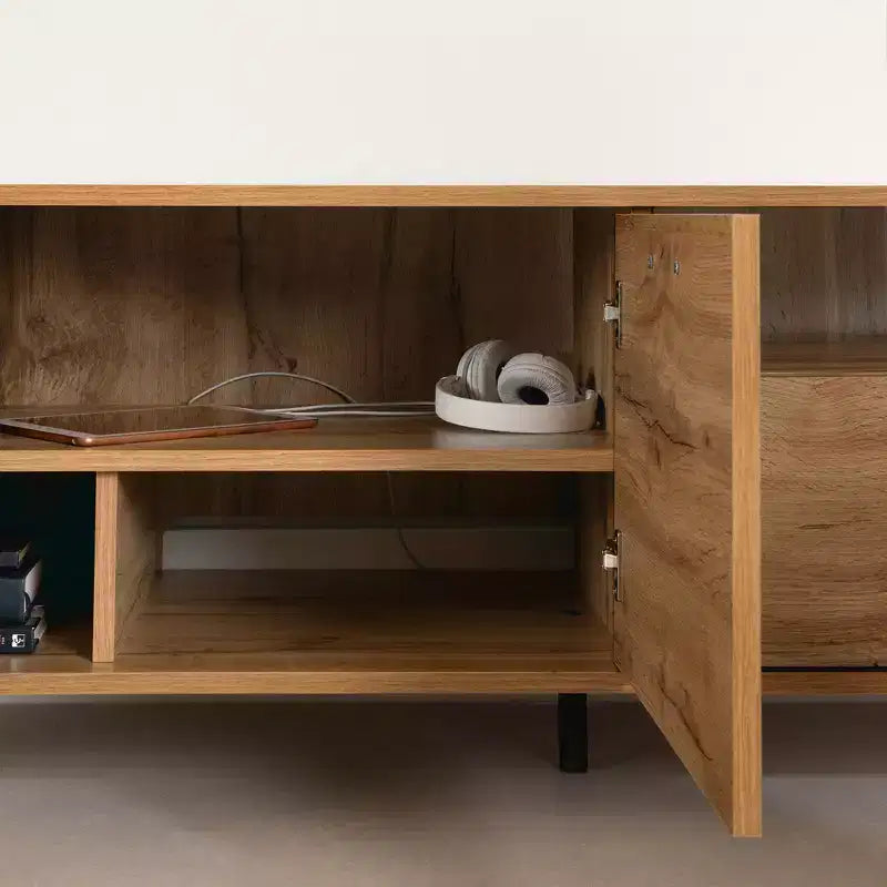 Meuble TV pour téléviseurs jusqu'à 60 po avec portes et tiroir chêne nordique : Style urbain, gestion des câbles, espace de rangement