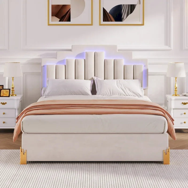 Queen Size Beige Upholstered Platform Bed with Lights and Drawers