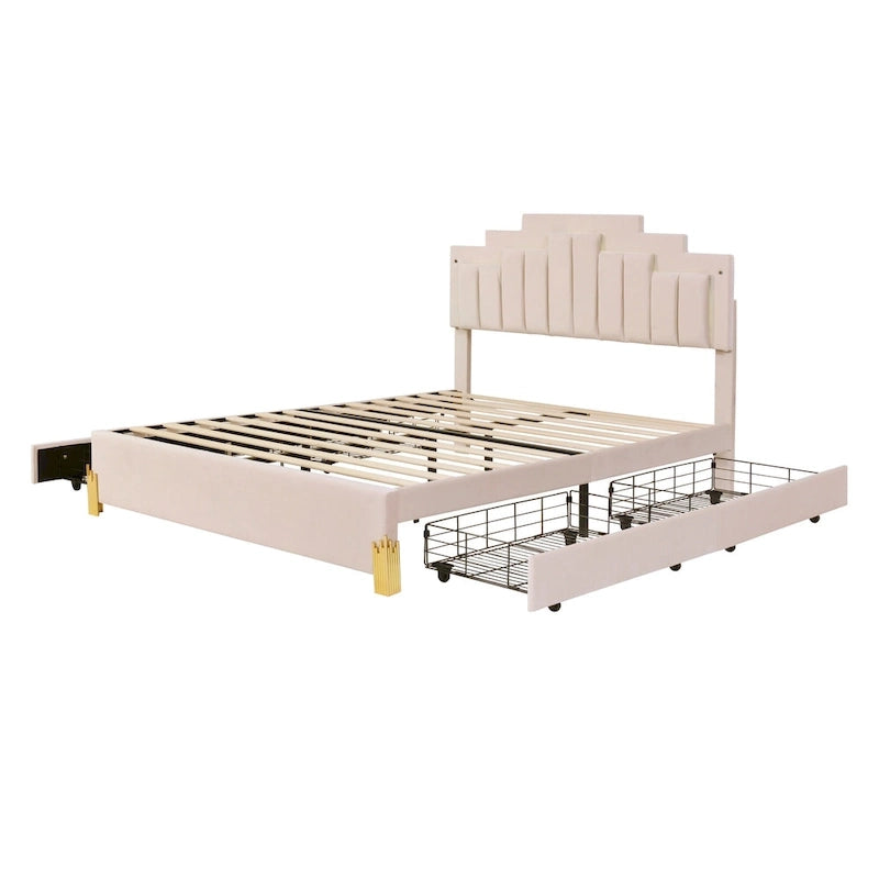 Queen Size Beige Upholstered Platform Bed with Lights and Drawers