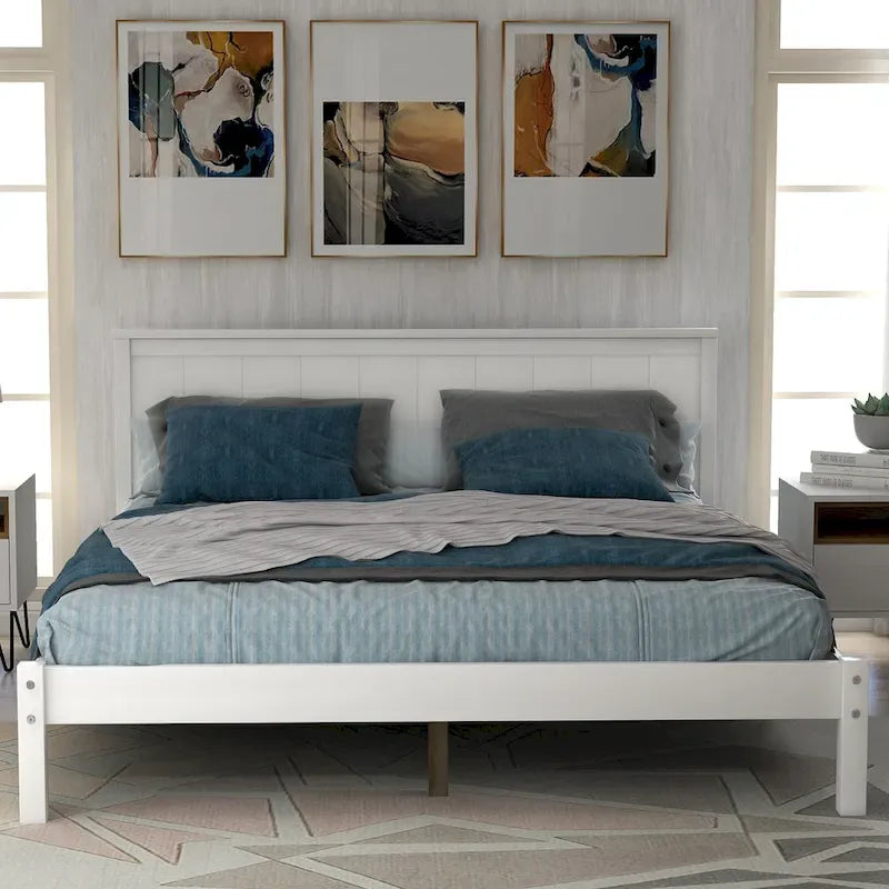 Perfectly Simple Platform Bed Frame with Wooden Slat Support and Attached Headboard, Crafted in Pine