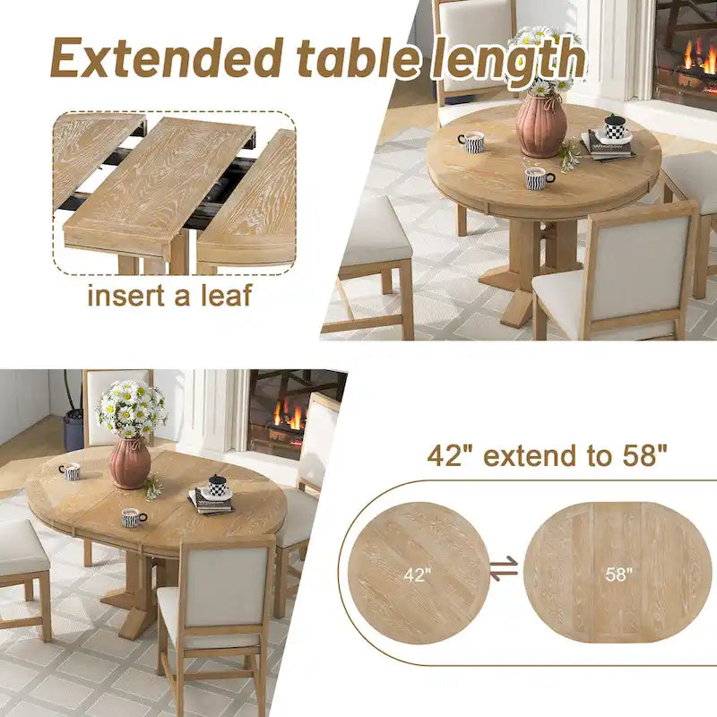 TREXM Farmhouse Dining Table Extendable Round Table for Kitchen and Dining Room