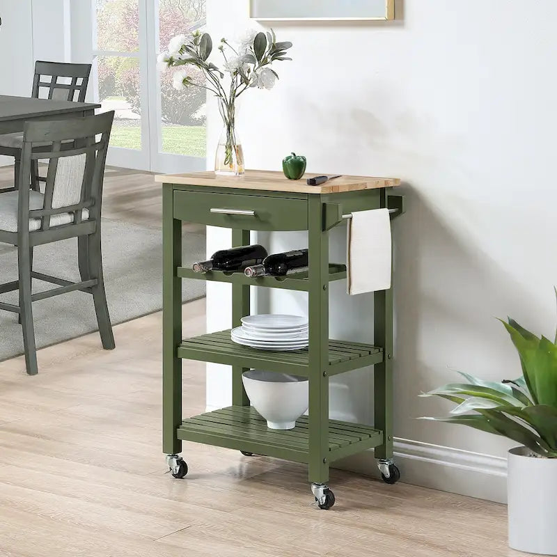 Ellaine 4 Tier Butcher Block Kitchen Cart with Drawer and Wine Rack
