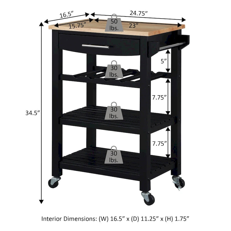 Ellaine 4 Tier Butcher Block Kitchen Cart with Drawer and Wine Rack