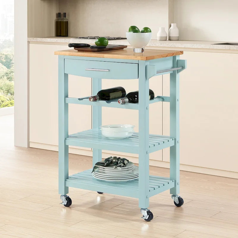 Ellaine 4 Tier Butcher Block Kitchen Cart with Drawer and Wine Rack