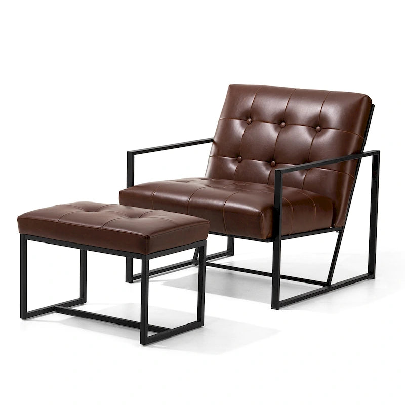 Glitzhome Modern PU Leather Tufted Accent Chair with Ottoman Set