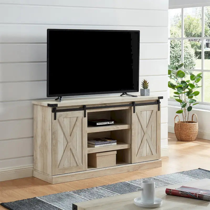 54 Farmhouse Sliding Barn Door TV Stand for TV up to 60 Inch Flat Screen