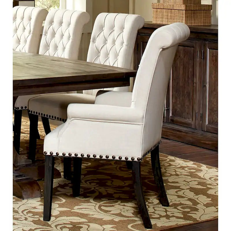 Rolled Back Design Button Tufted Beige Dining Arm Chair with Nailhead Trim