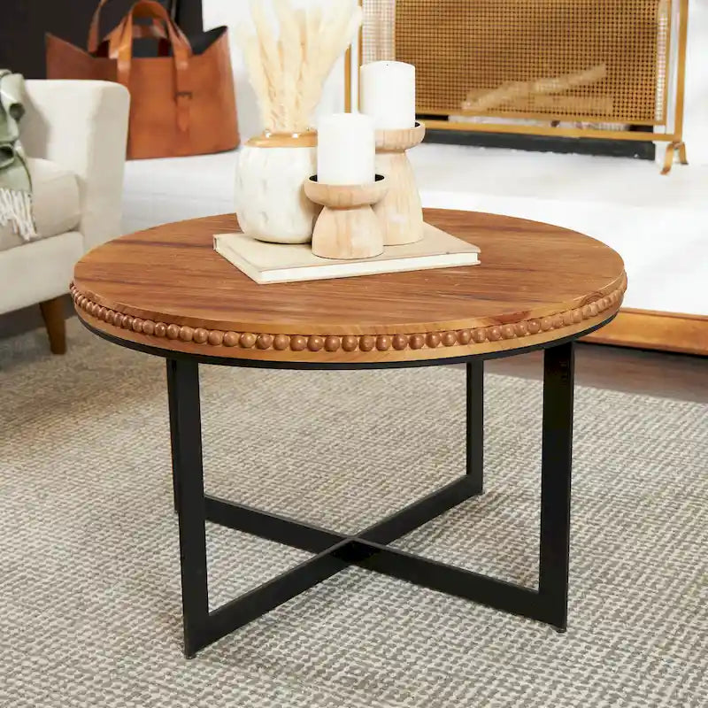 Wood Beaded Coffee Table with Metal X-Shaped Base - Brown - Roche River Decor - 30Wx30Lx16H